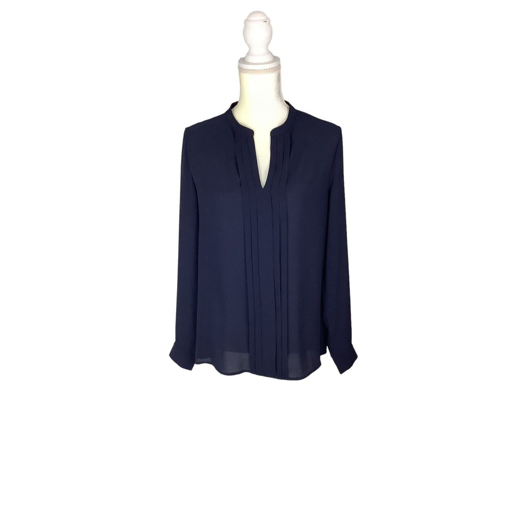 41 Hawthorn Women's S Navy Blue Pleated Chiffon Roll Tab Long Sleeve Blouse Top
